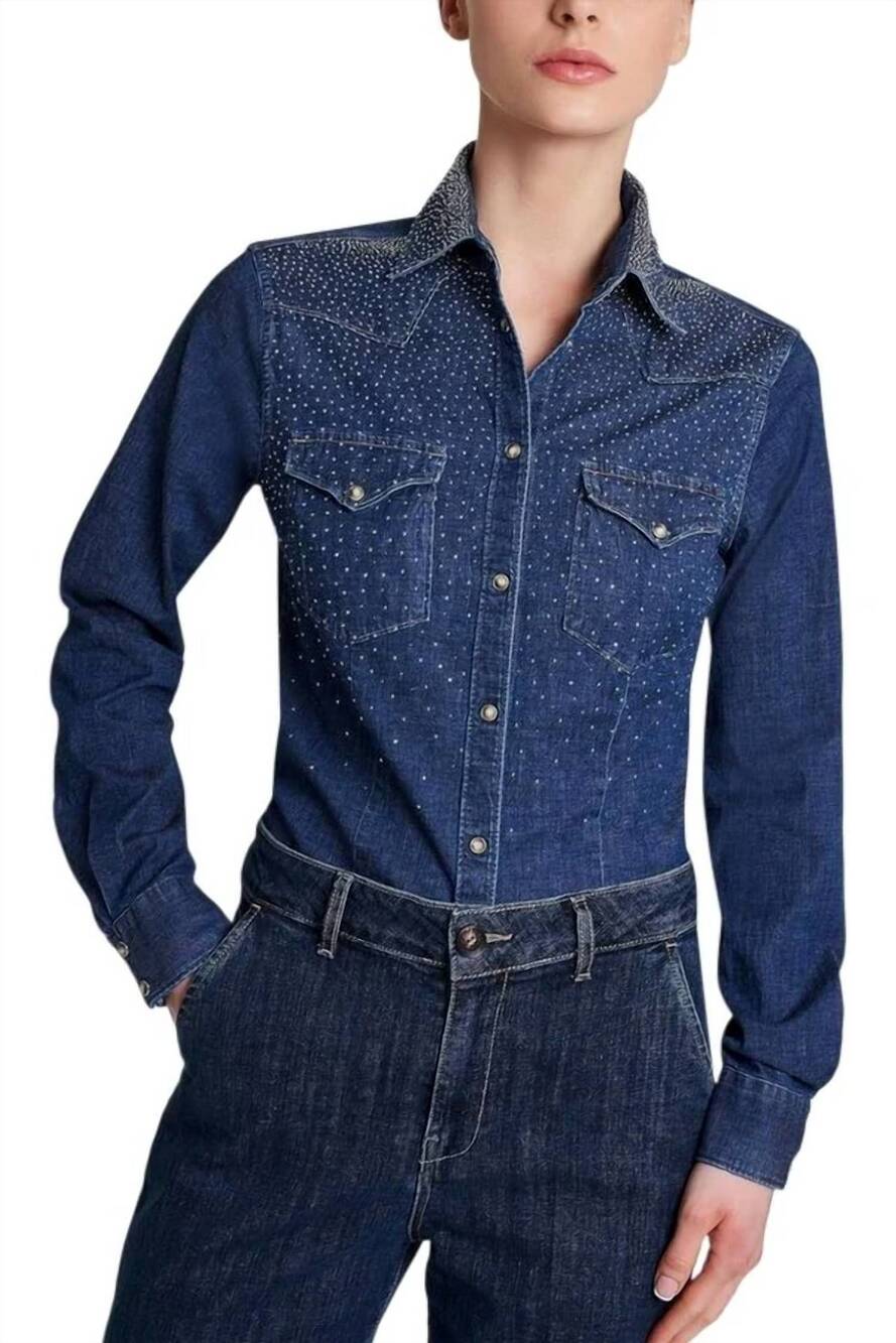 NEW CAMICETTASNOB sparkling diamonds shirt in medium denim